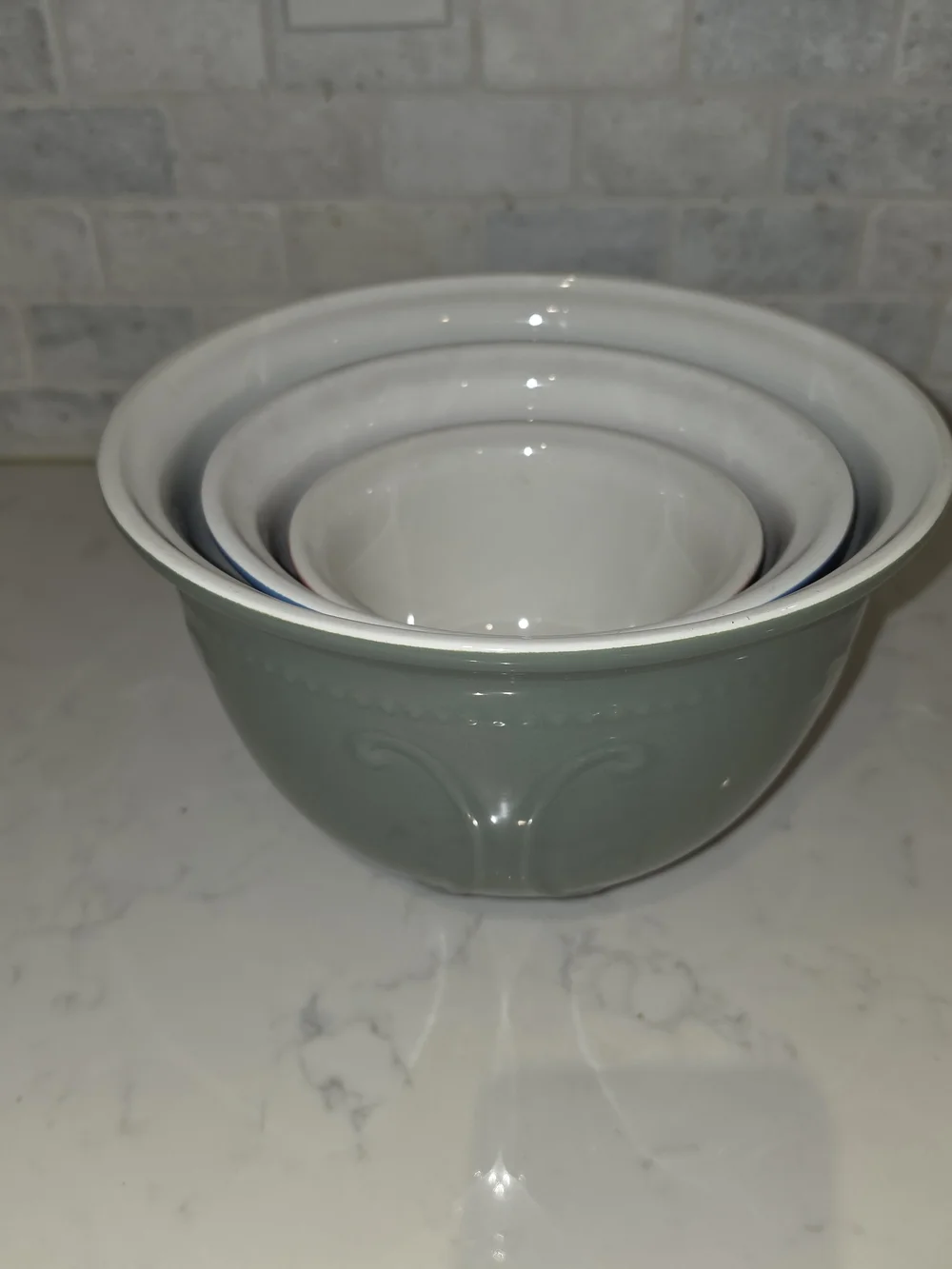 Princess House Ceramic Mixing Bowl Set - Sage, Blue & Maroon